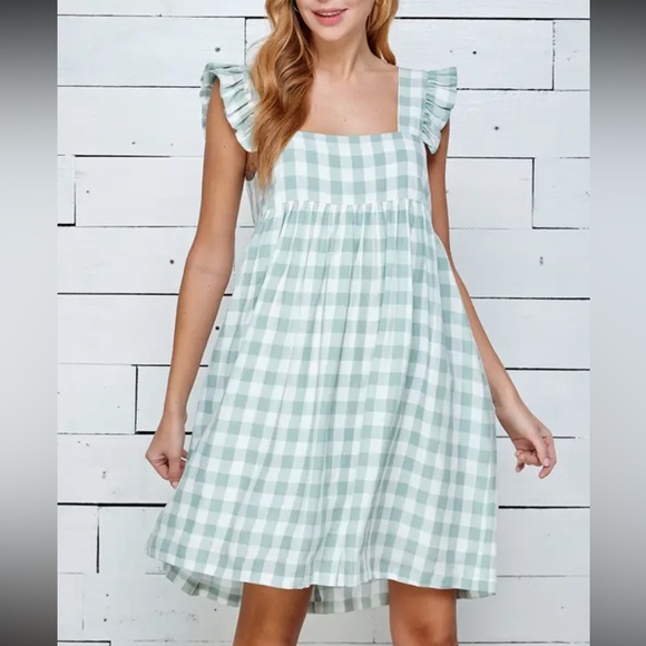 1105.  Light Sage Gingham Ruffle Strap Sundress - Picture 5 of 6